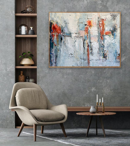 Textured Abstract Cityscape in Coral & Blue – Modern Impasto Canvas Wall Art