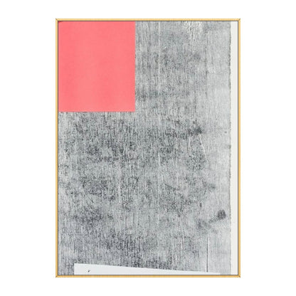 A coral-red rectangle occupies the upper left of a pale grey field covered with dark fine textured marks.