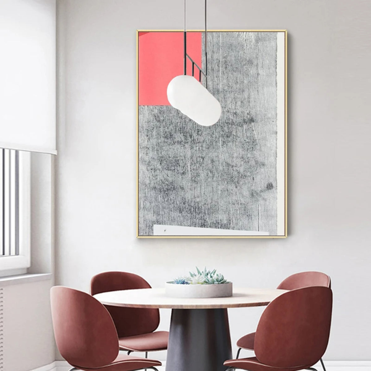Room mockup. A coral-red rectangle occupies the upper left of a pale grey field covered with dark fine textured marks.