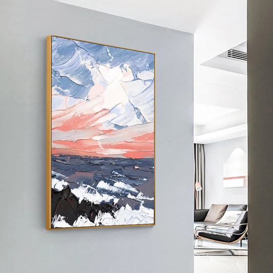 Room mockup showing sweeping pale blue and white clouds over a coral-pink horizon and dark sea with white breaking waves.
