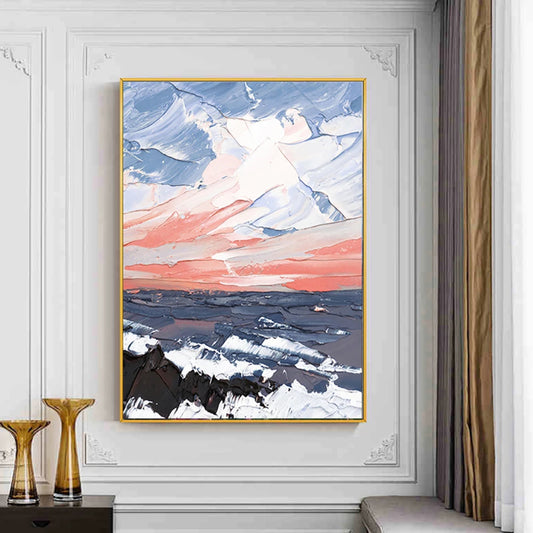 Room mockup showing sweeping pale blue and white clouds over a coral-pink horizon and dark sea with white breaking waves.