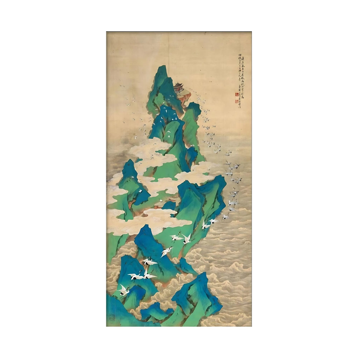 Hand-painted canvas featuring green and blue mountains rising through pale clouds with cranes in flight.