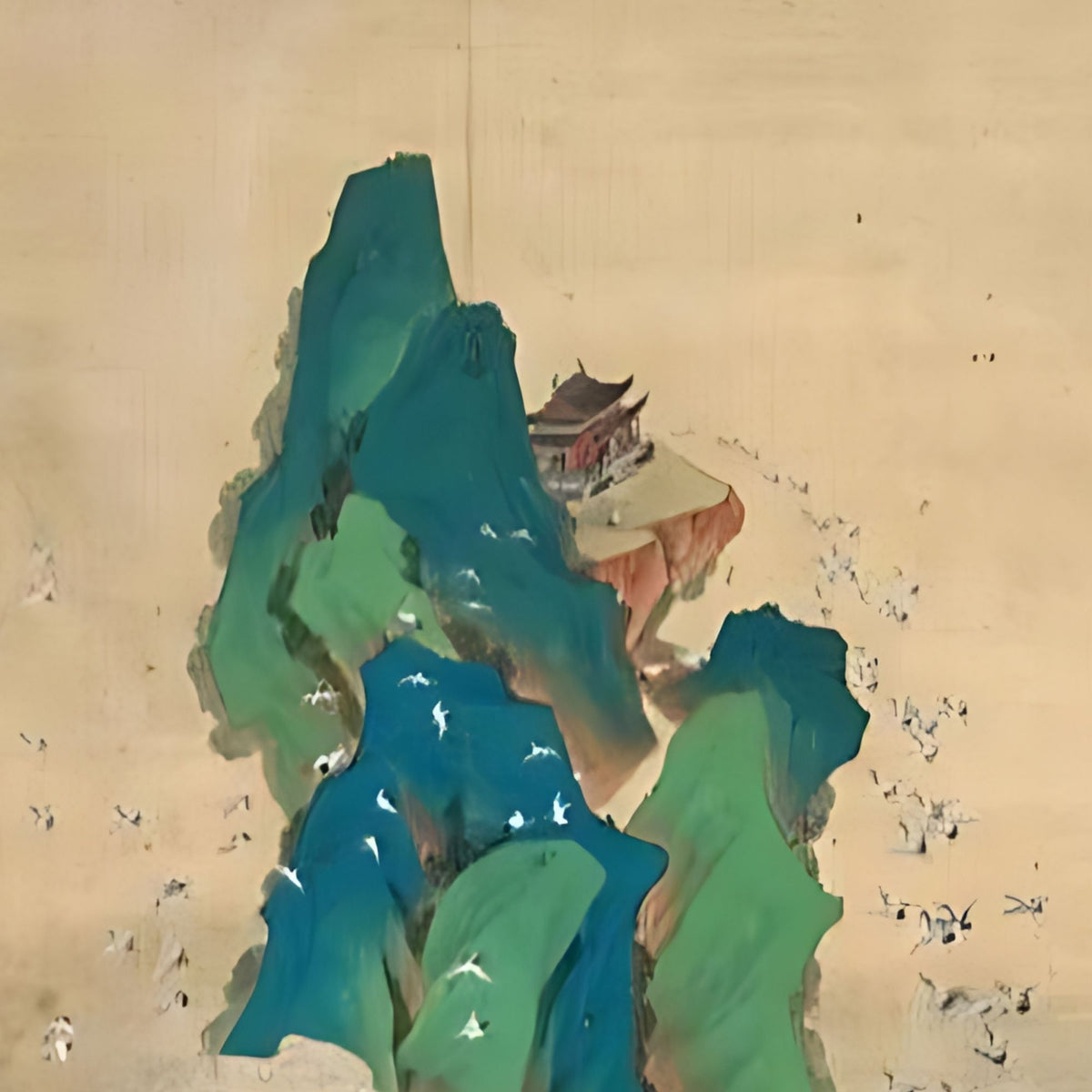 Hand-painted canvas featuring green and blue mountains rising through pale clouds with cranes in flight.