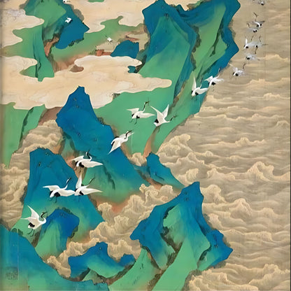 Hand-painted canvas featuring green and blue mountains rising through pale clouds with cranes in flight.