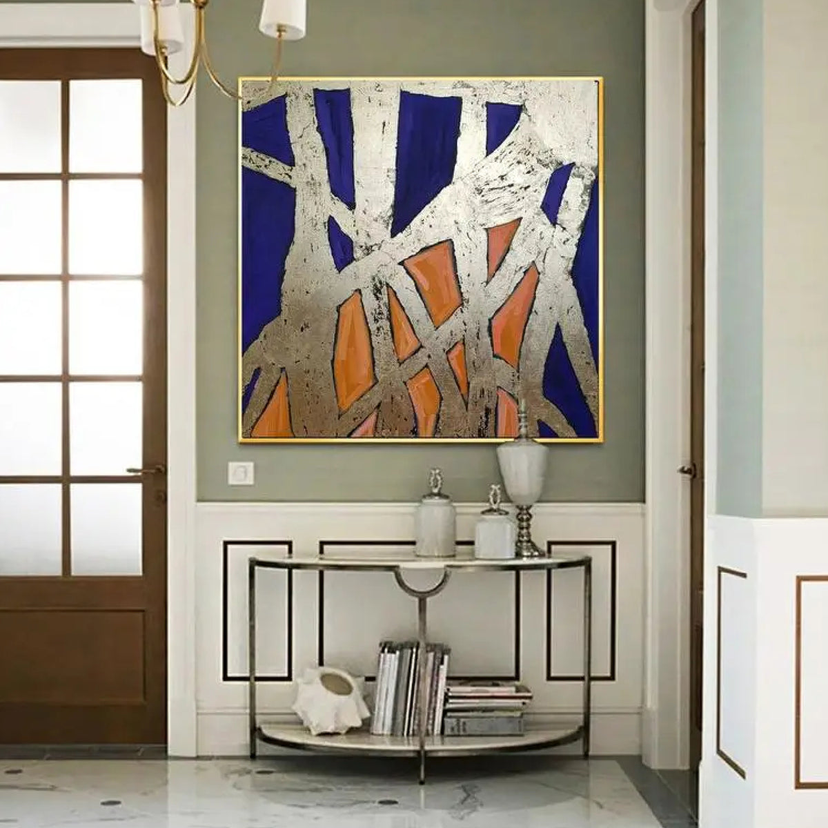 Room mockup. Rough pale cream intersecting strips form an angular web over deep blue and orange geometric patches.