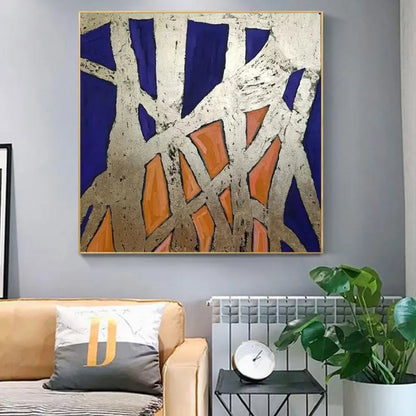 Room mockup. Rough pale cream intersecting strips form an angular web over deep blue and orange geometric patches.