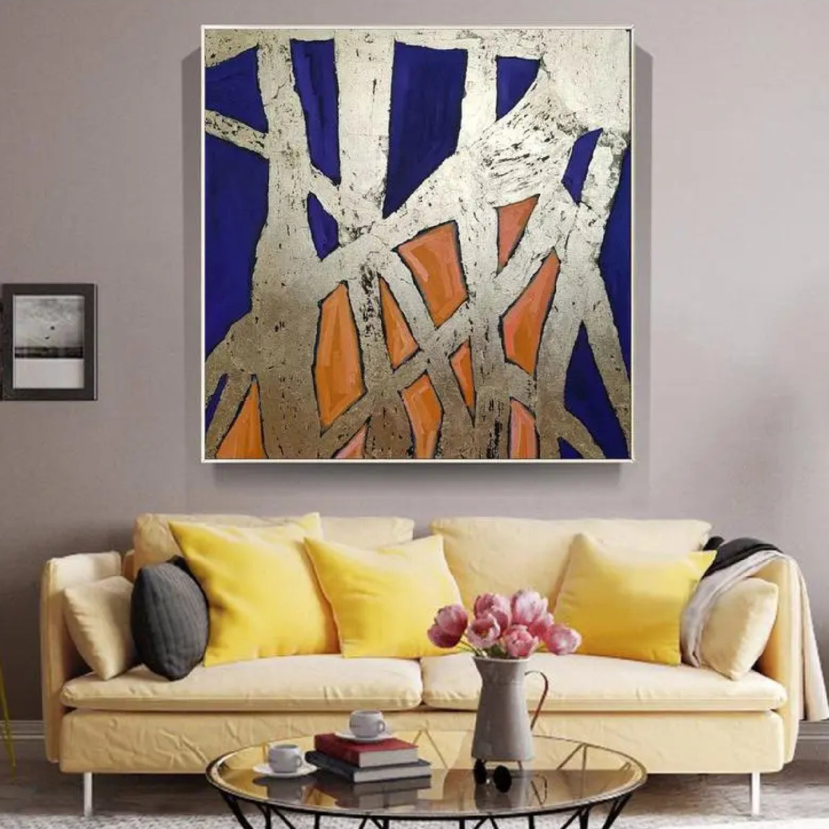 Room mockup. Rough pale cream intersecting strips form an angular web over deep blue and orange geometric patches.