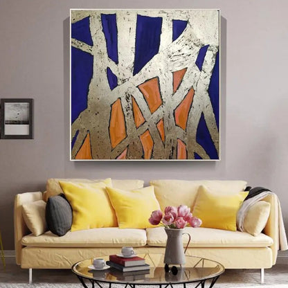 Room mockup. Rough pale cream intersecting strips form an angular web over deep blue and orange geometric patches.