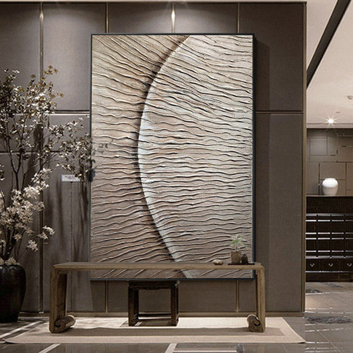 Room mockup. Fine irregular dark horizontal ridges cross a cream field, divided by a broad curving vertical edge.