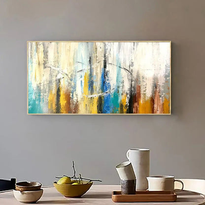 Room mockup showing cream, pale blue, ochre and brown vertical abstract strokes crossed by fine dark diagonal lines.