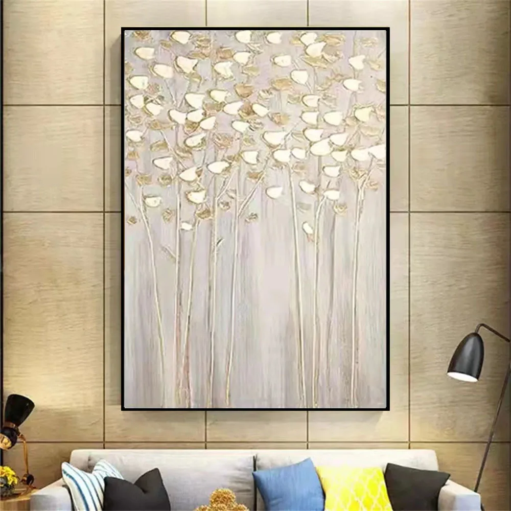 Room mockup showing slender birch-like trees with cream and gold-coloured leaves and pale grey vertical trunks.