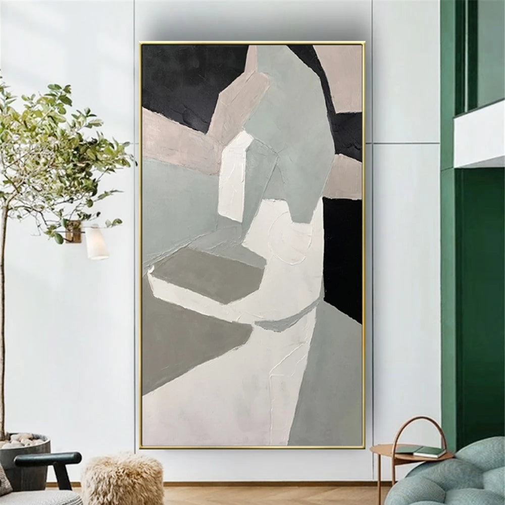Room mockup showing large flat cream, grey and black angular shapes arranged across a tall abstract composition.