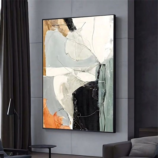 Room mockup. Large cream, pale grey and black irregular fields with fine scribbled curves and small orange and ochre corner patches.