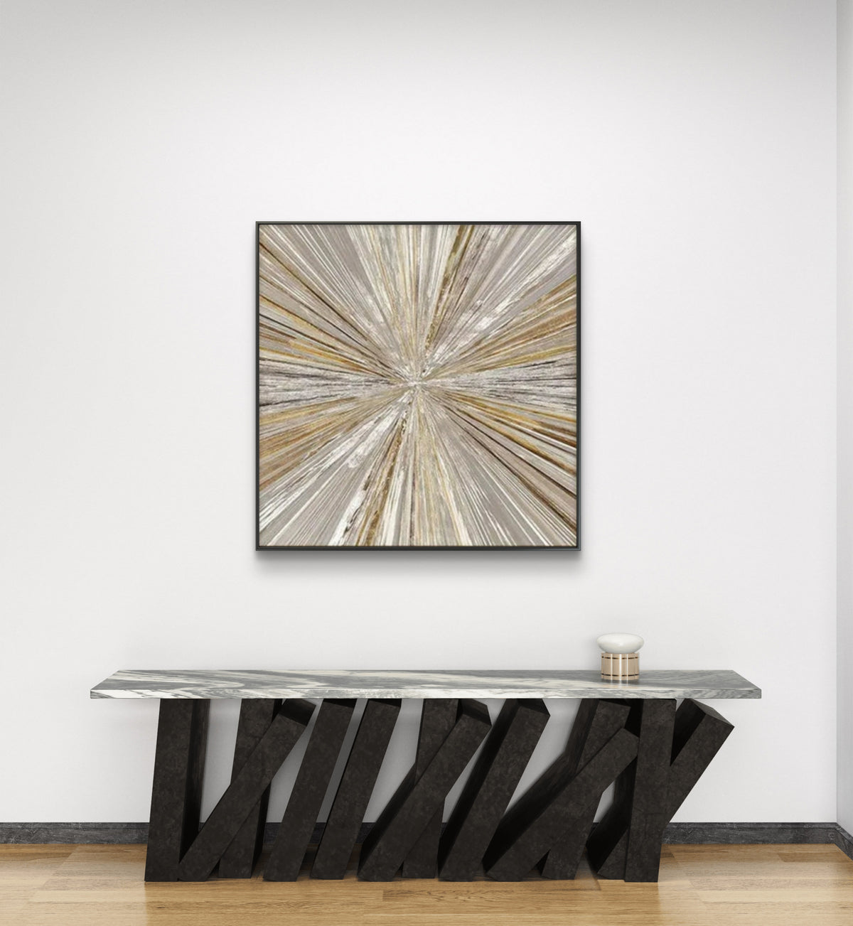 Room mockup showing cream, grey and gold-coloured fine streaks radiating from a central point across a square field.