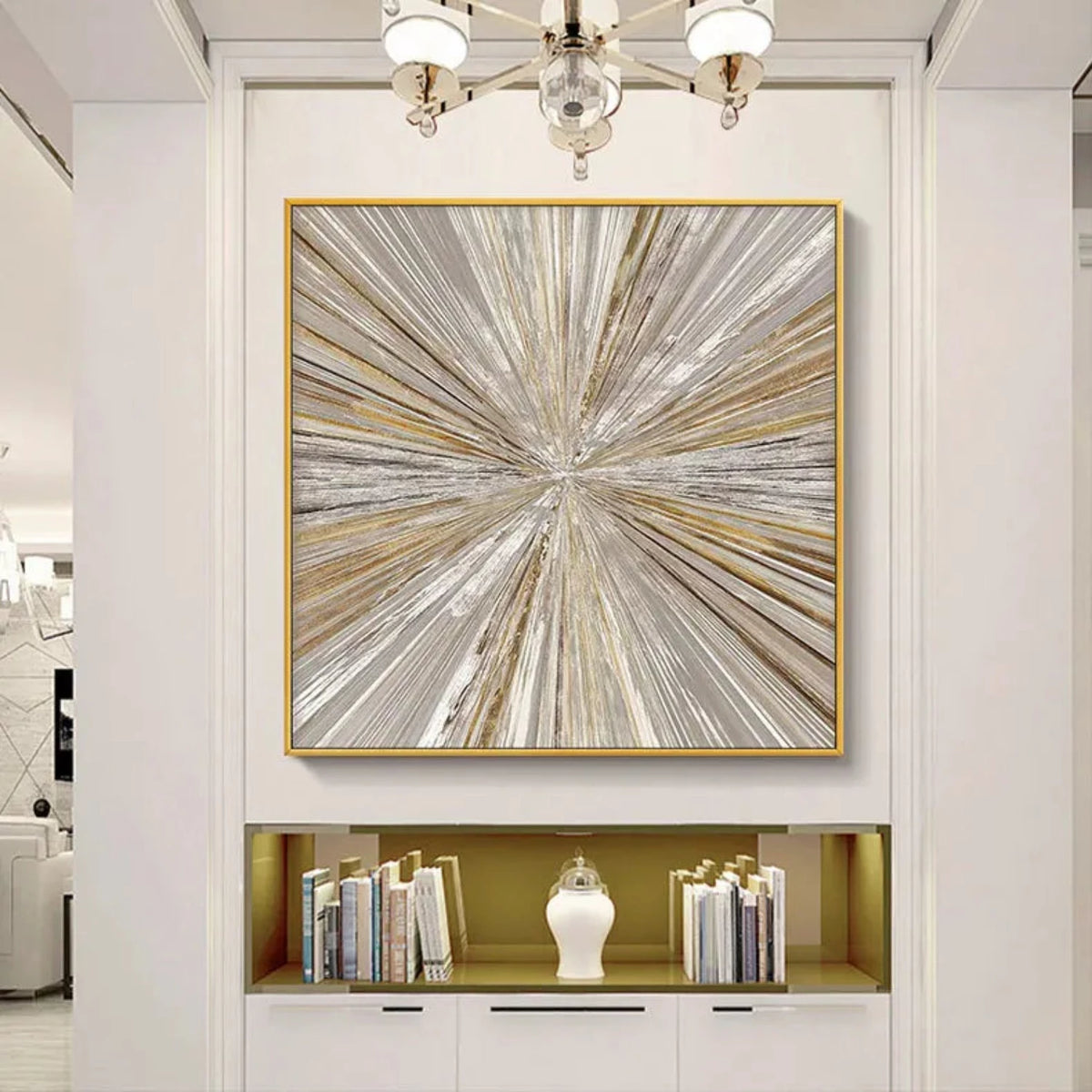 Room mockup showing cream, grey and gold-coloured fine streaks radiating from a central point across a square field.