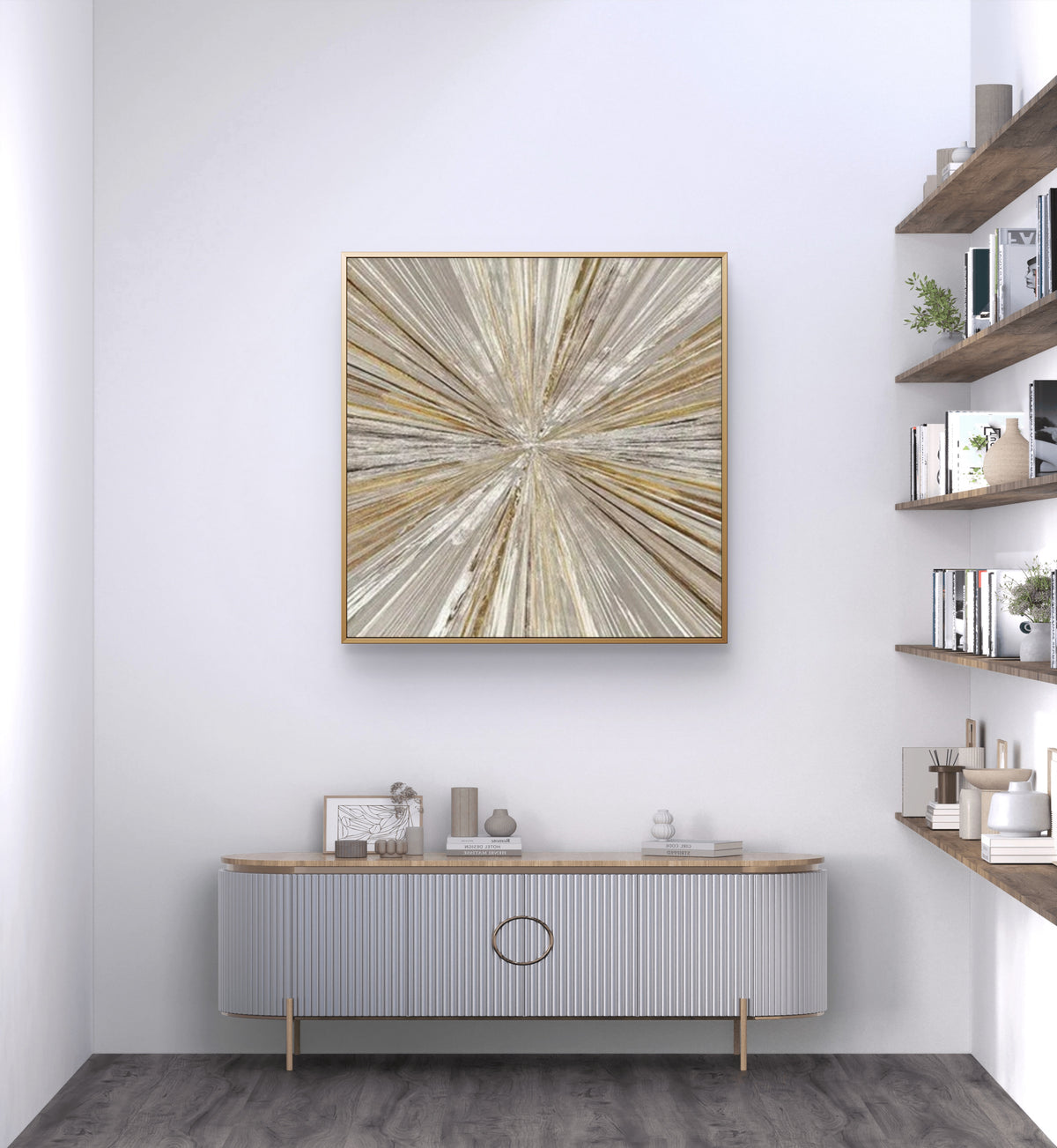 Room mockup showing cream, grey and gold-coloured fine streaks radiating from a central point across a square field.