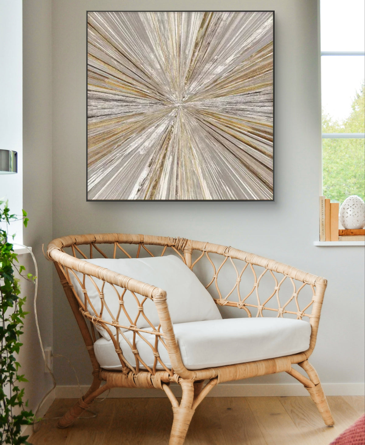 Room mockup showing cream, grey and gold-coloured fine streaks radiating from a central point across a square field.