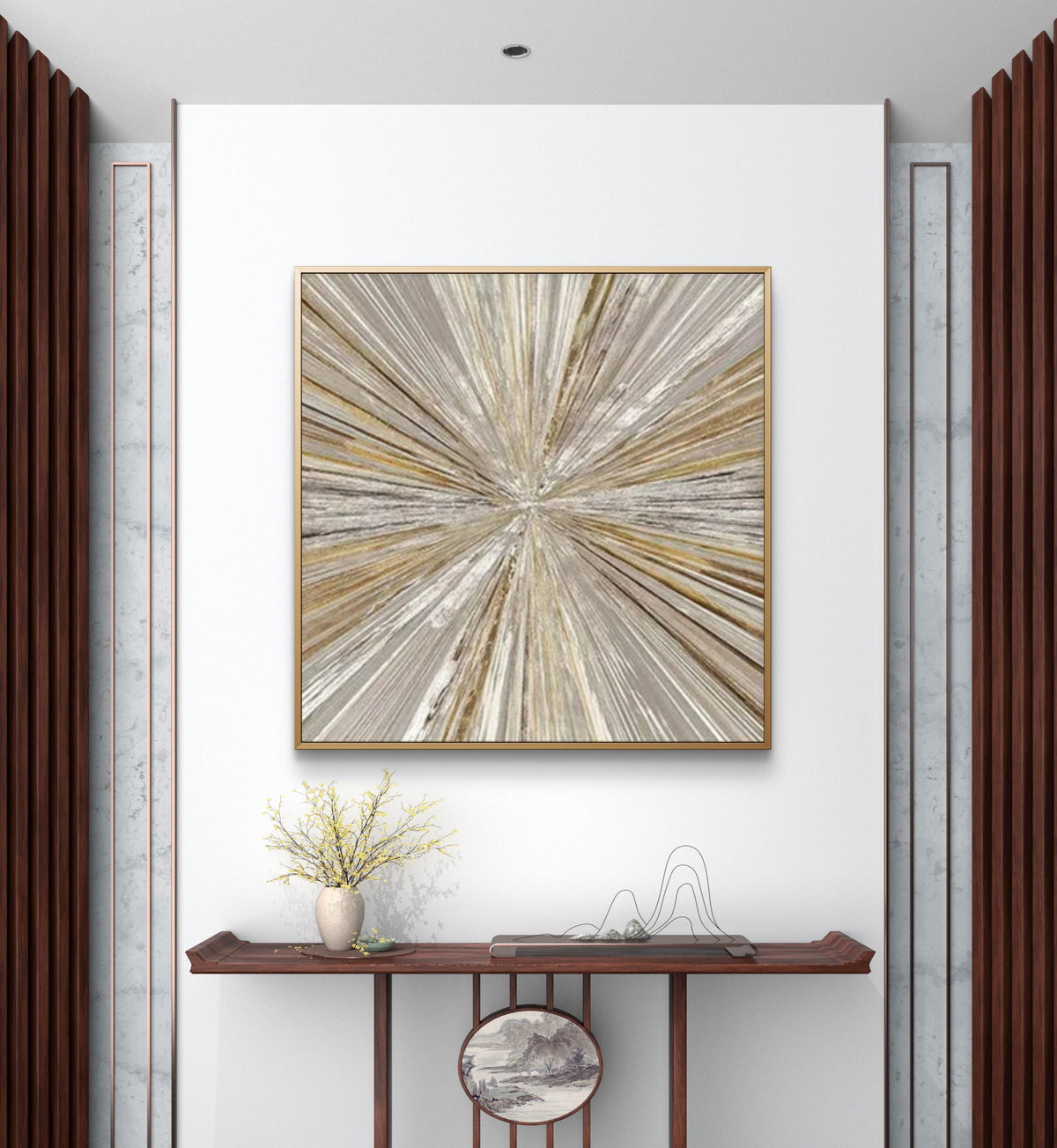 Room mockup showing cream, grey and gold-coloured fine streaks radiating from a central point across a square field.