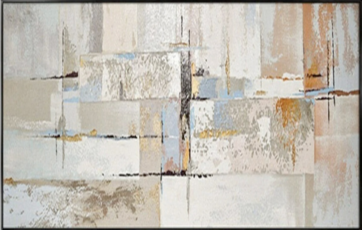 Layered cream, grey and pale blue rectangles crossed by fine dark lines with muted ochre and rust patches.