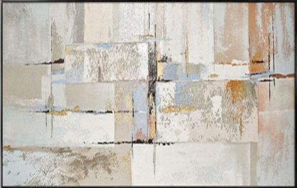 Layered cream, grey and pale blue rectangles crossed by fine dark lines with muted ochre and rust patches.