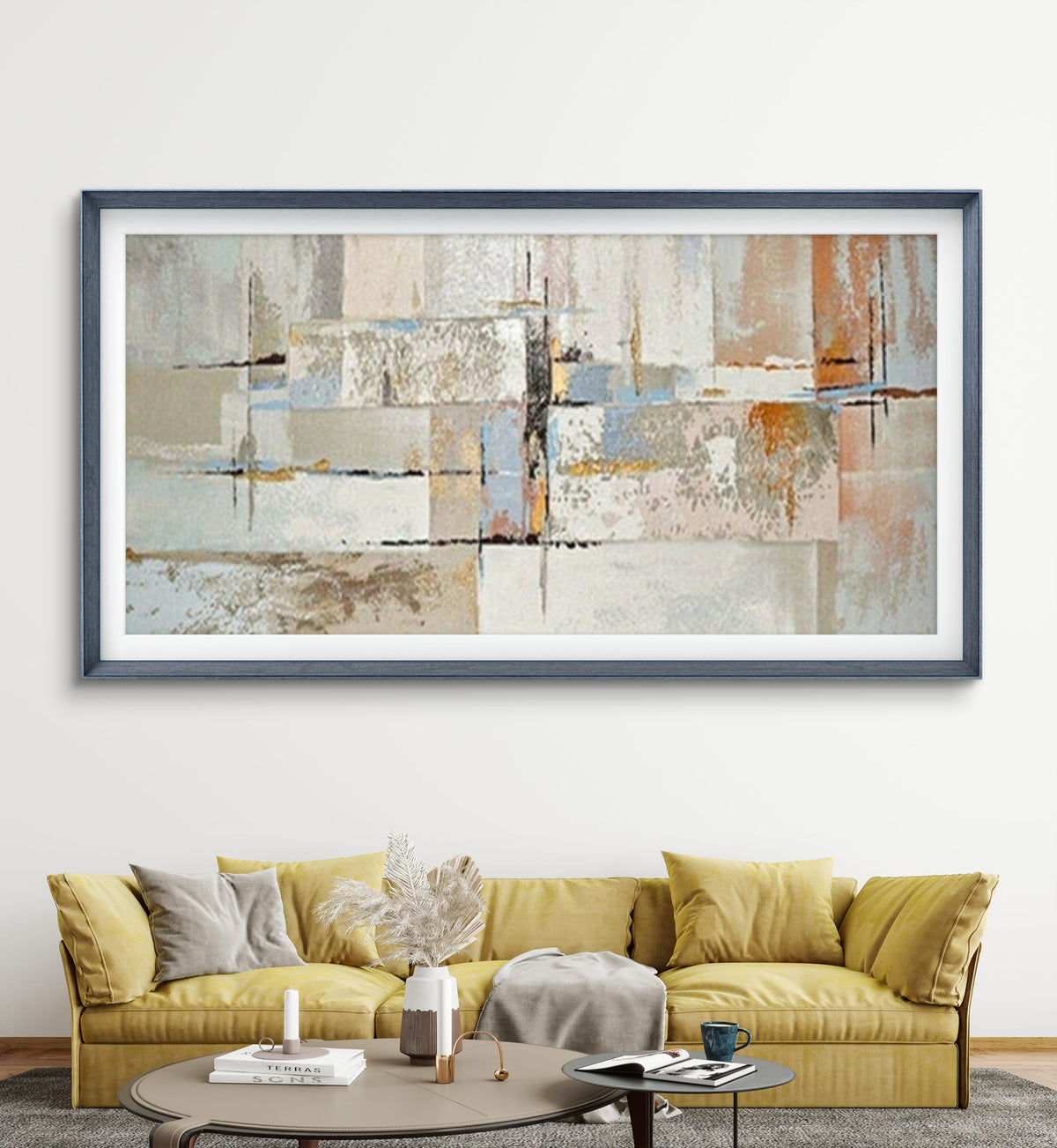 Room mockup. Cream, grey and pale blue textured rectangles intersect fine dark lines and small rust-orange patches.