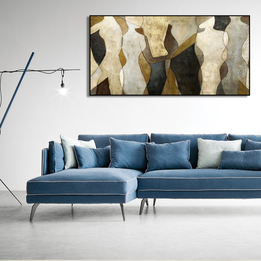 Room mockup. A row of simplified headless torso-like silhouettes in cream, ochre, grey and black against an earthy textured field.