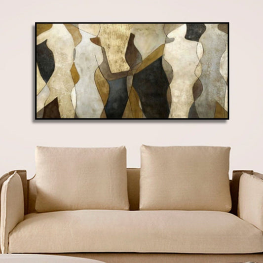 Room mockup. A row of simplified headless torso-like silhouettes in cream, ochre, grey and black against an earthy textured field.