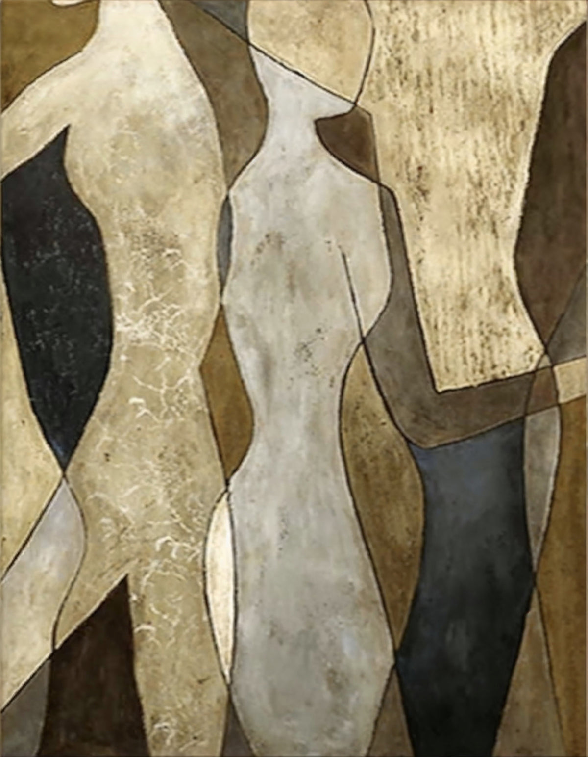 Simplified cream and ochre torso shapes overlap grey and black fields in a vertical abstract composition.