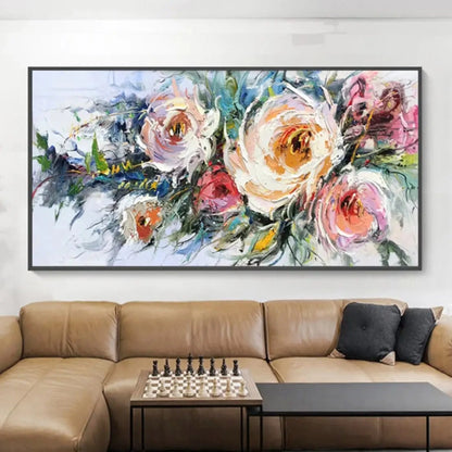 Room mockup showing loose cream, peach and pink roses with dark green and blue foliage over a white background.