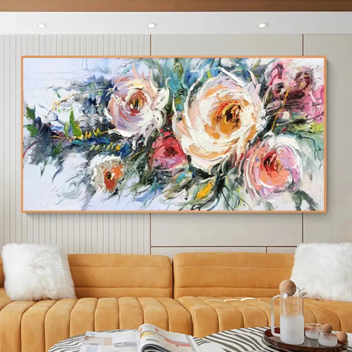 Room mockup showing loose cream, peach and pink roses with dark green and blue foliage over a white background.