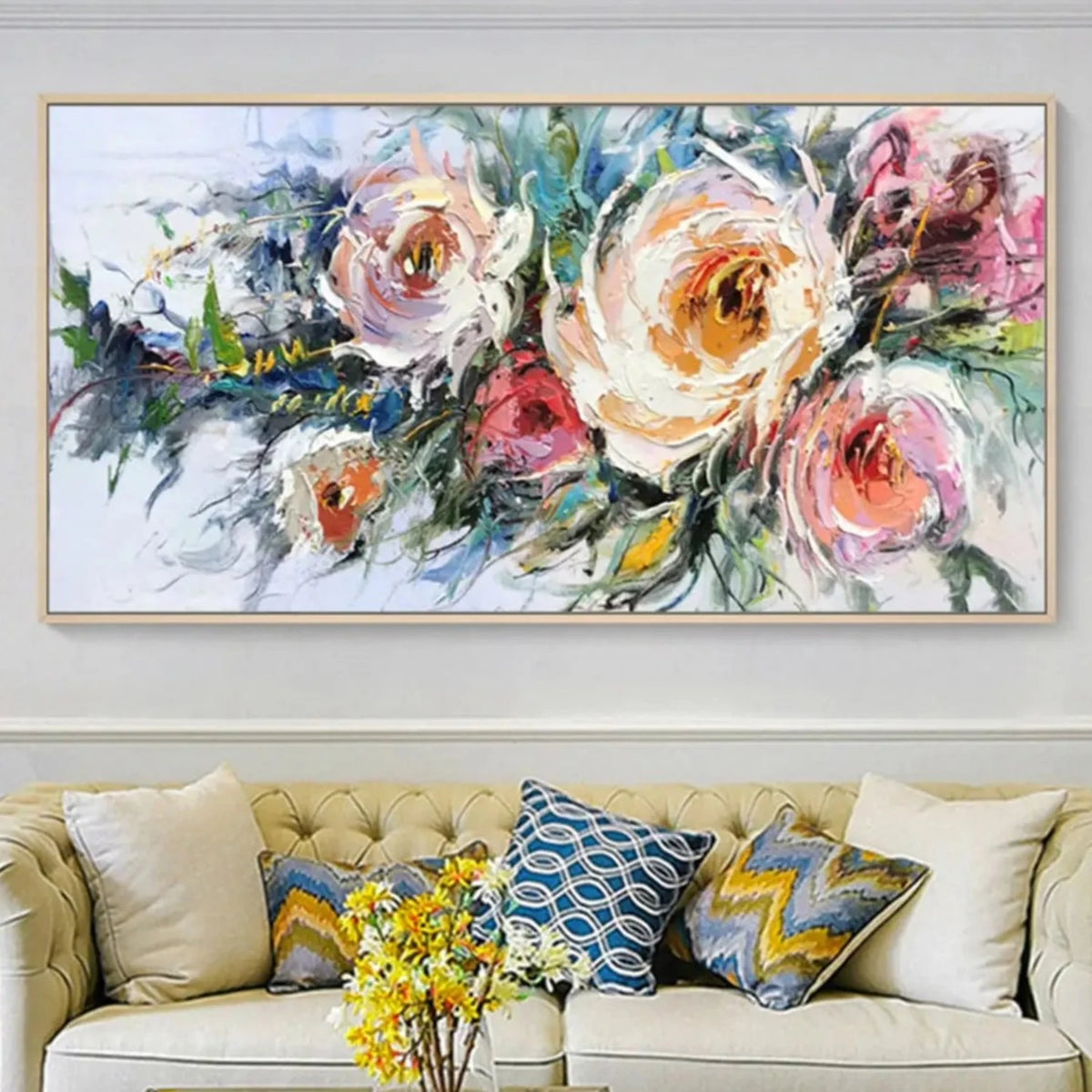 Room mockup showing loose cream, peach and pink roses with dark green and blue foliage over a white background.