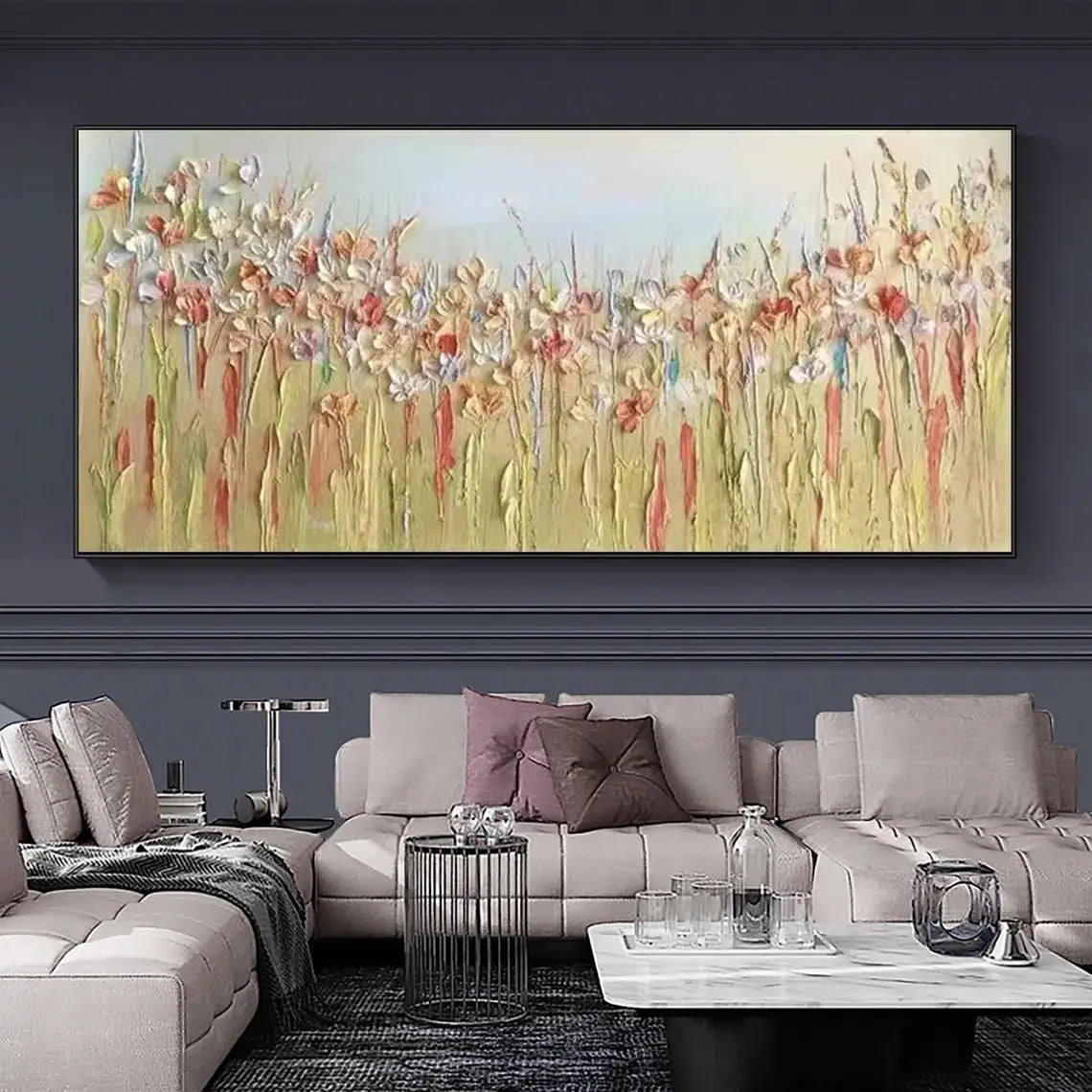 Room mockup showing delicate cream and rusty pink wildflowers on long slender stems over a soft green and beige meadow beneath pale blue.