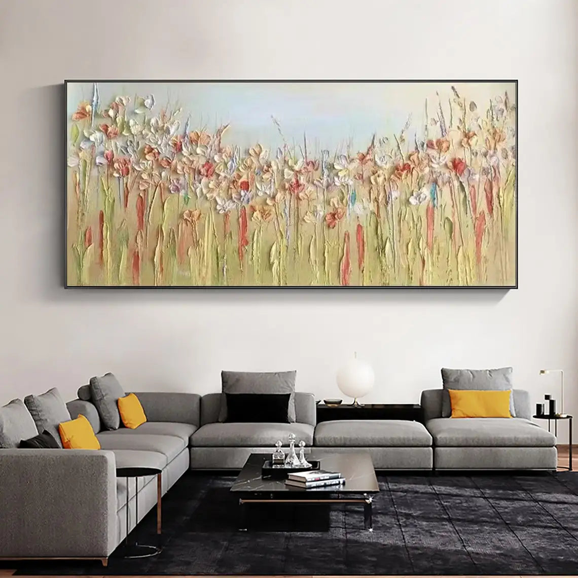 Room mockup showing delicate cream and rusty pink wildflowers on long slender stems over a soft green and beige meadow beneath pale blue.