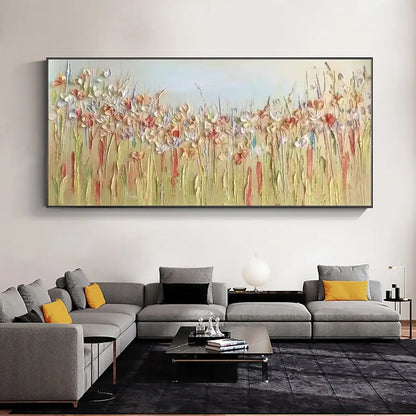 Room mockup showing delicate cream and rusty pink wildflowers on long slender stems over a soft green and beige meadow beneath pale blue.