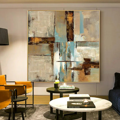 Room mockup. Textured cream and grey blocks intersect brown horizontal bars and narrow turquoise vertical streaks.