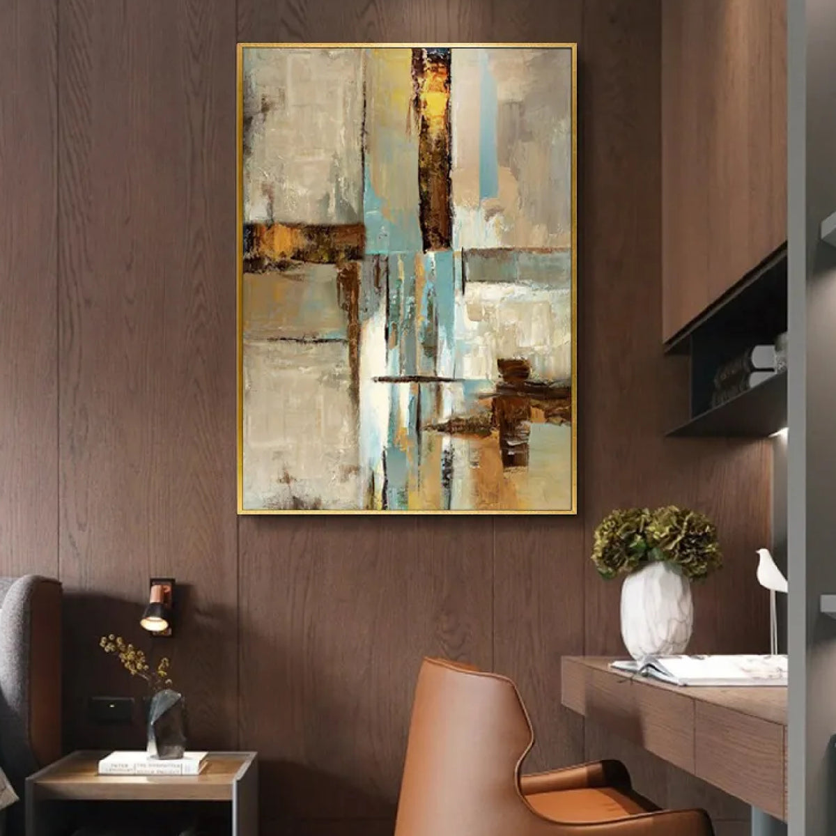 Room mockup. Textured cream and grey blocks intersect brown horizontal bars and narrow turquoise vertical streaks.