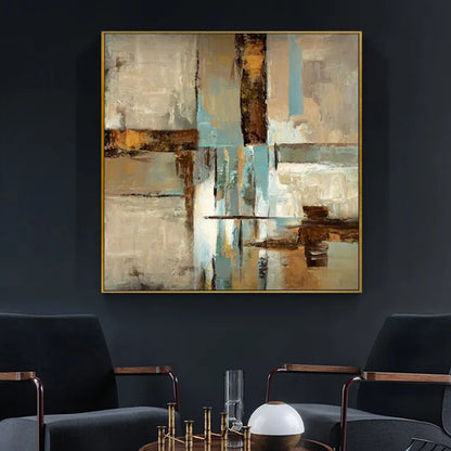 Room mockup. Textured cream and grey blocks intersect brown horizontal bars and narrow turquoise vertical streaks.