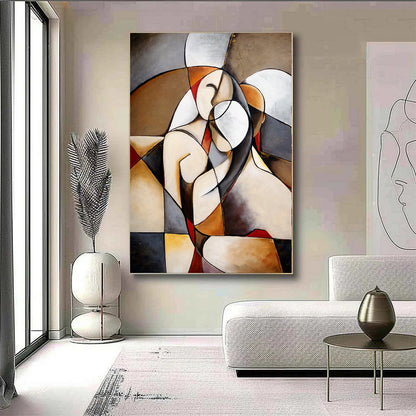 Abstract art piece in a modern living room setting