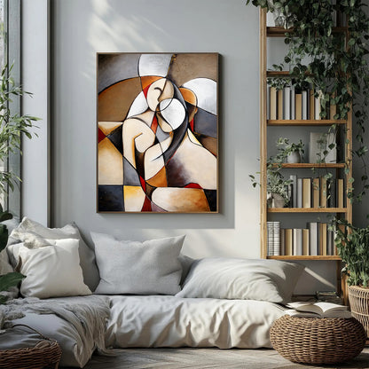 Abstract painting on a wall above a sofa in a living room with bookshelf and plants.