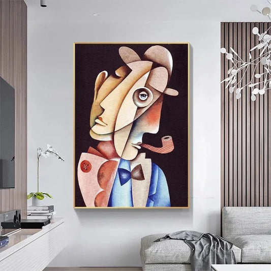 Room mockup showing cubist portrait with overlapping tan faces, hats and pipes above red and blue clothing.