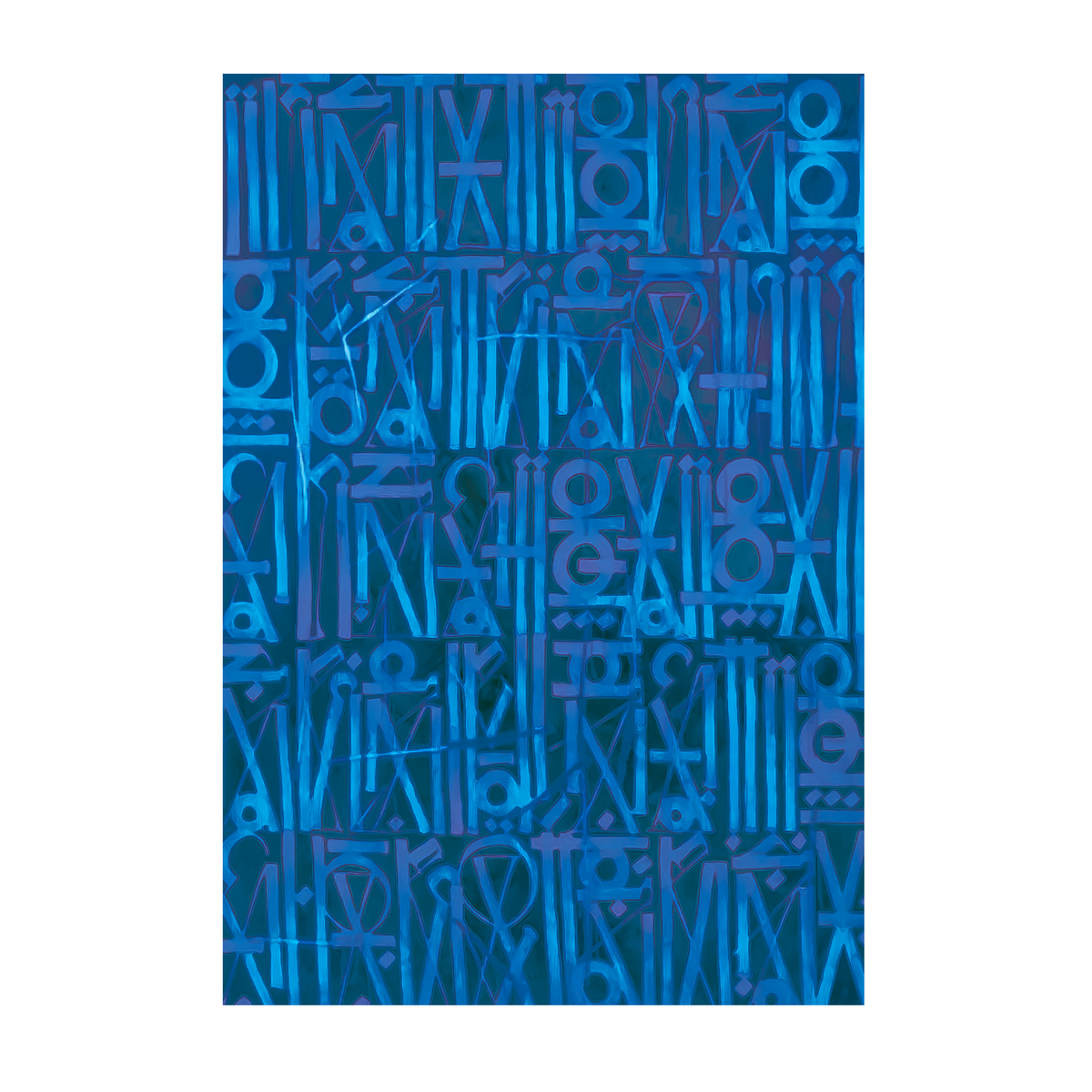 Blue geometric symbols and stylised letterforms in dense rows on a dark blue background.