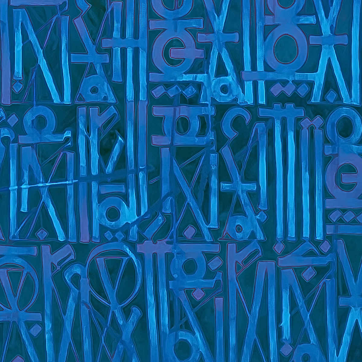 Close-up of blue geometric symbols and stylised letterforms in dense rows on a dark blue background.
