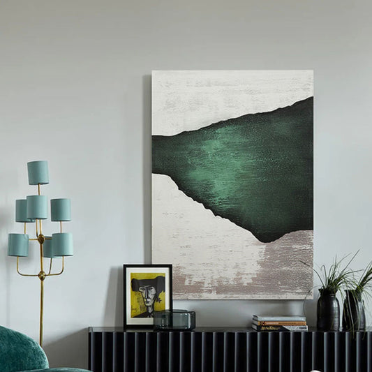 Room mockup. A broad dark green irregular shape narrows toward the left across a pale grey and white textured background.