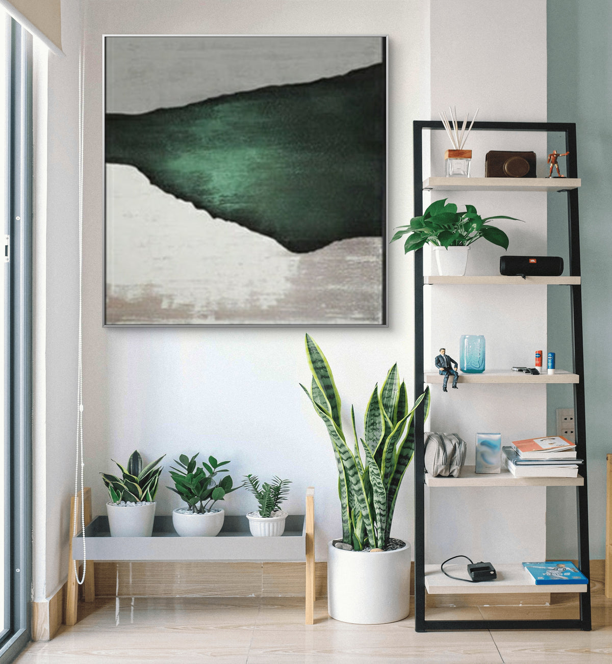 Room mockup. A broad dark green irregular wedge narrows toward the left across pale grey and cream textured fields.