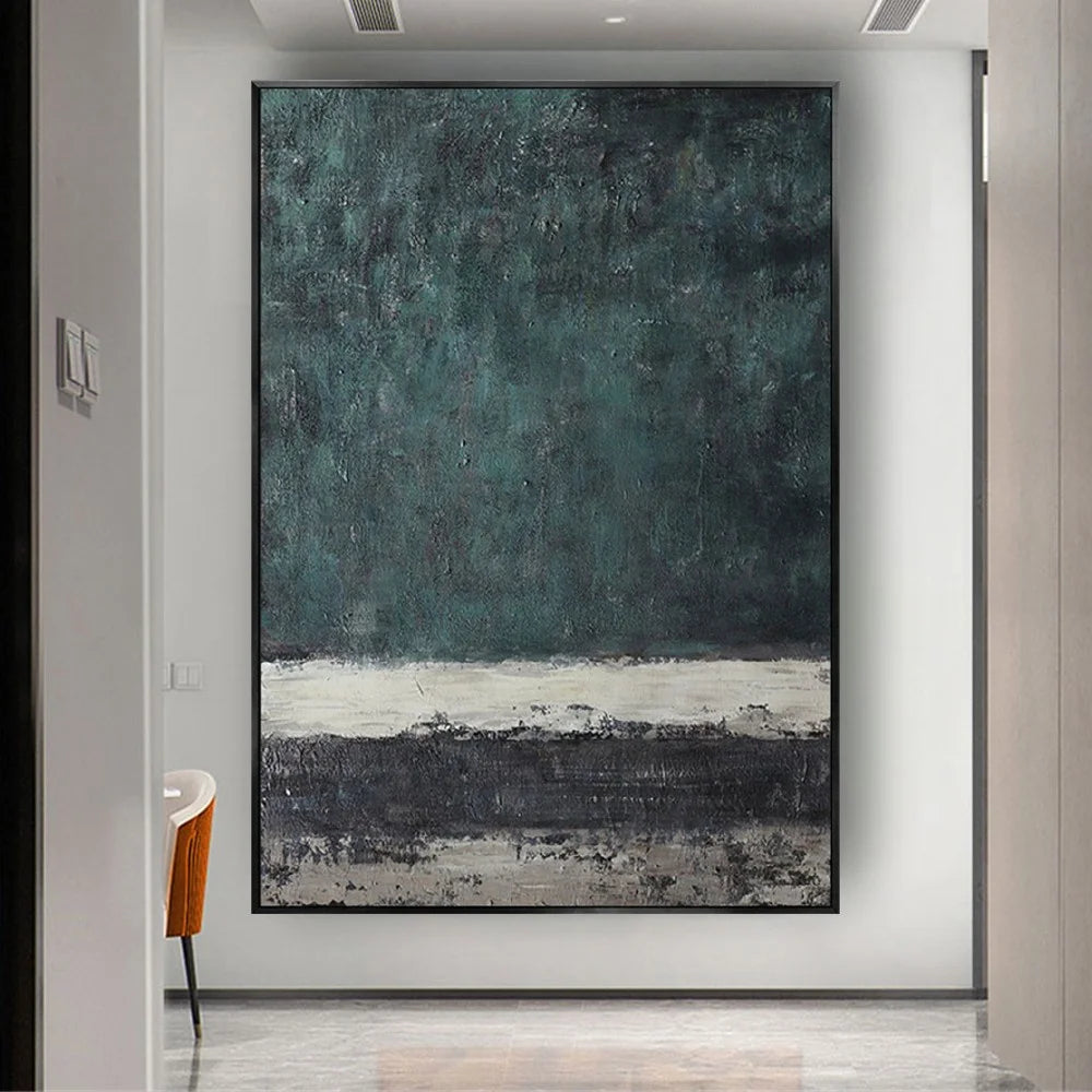 Room mockup showing dark teal and charcoal abstract painting with a rough ivory horizontal band above a grey lower strip.