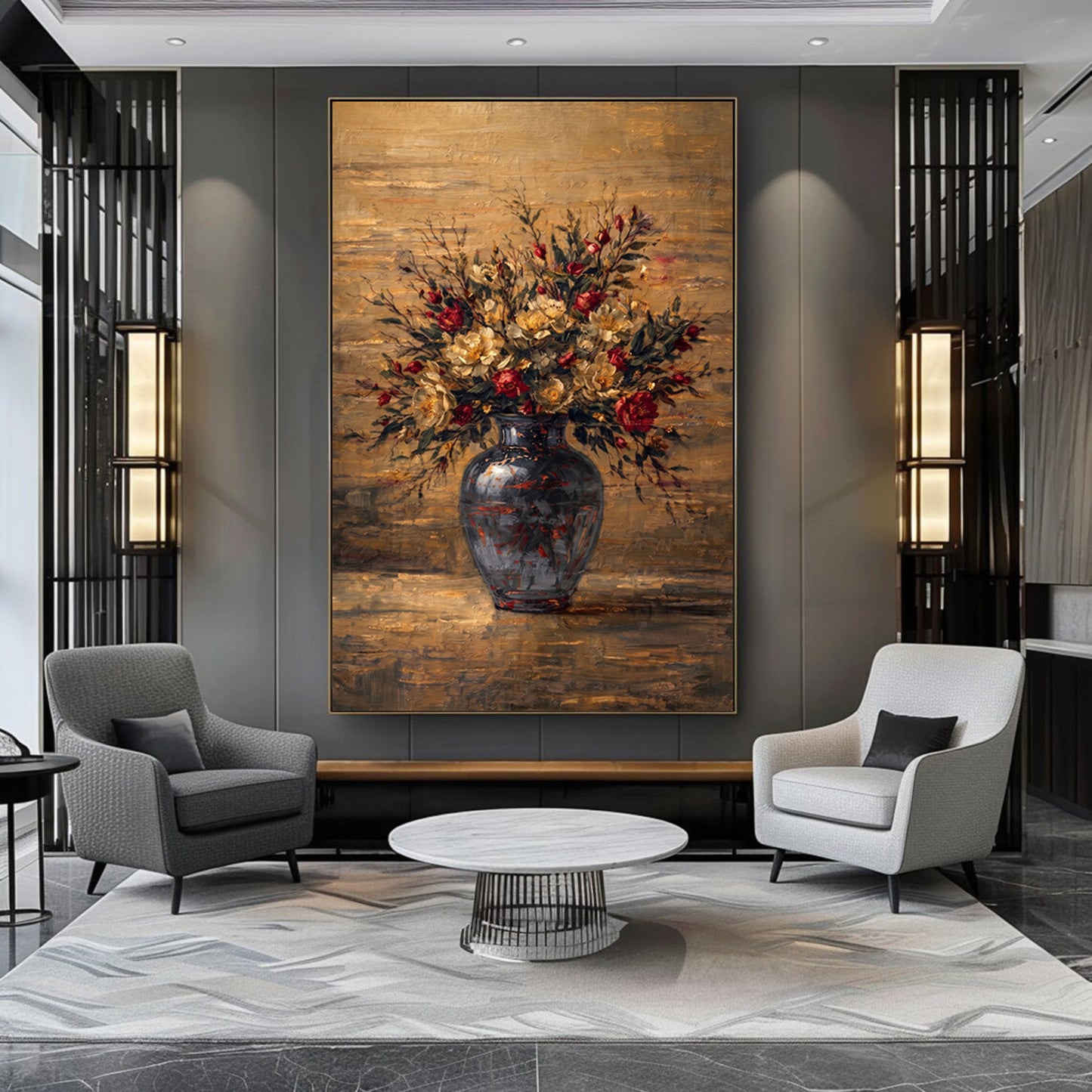 Moody Floral Painting Dark Vase Autumn Abstract Wall Art