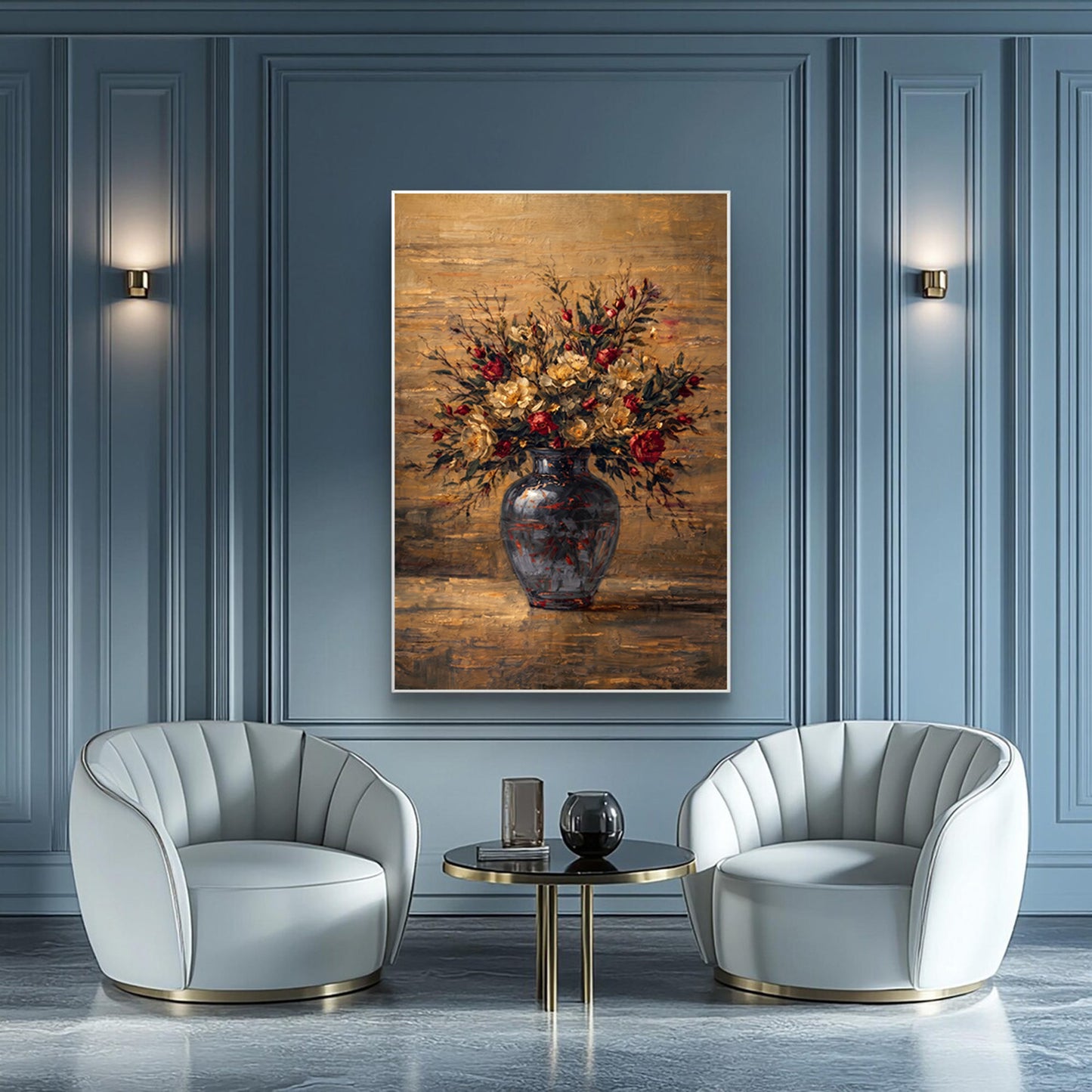 Moody Floral Painting Dark Vase Autumn Abstract Wall Art