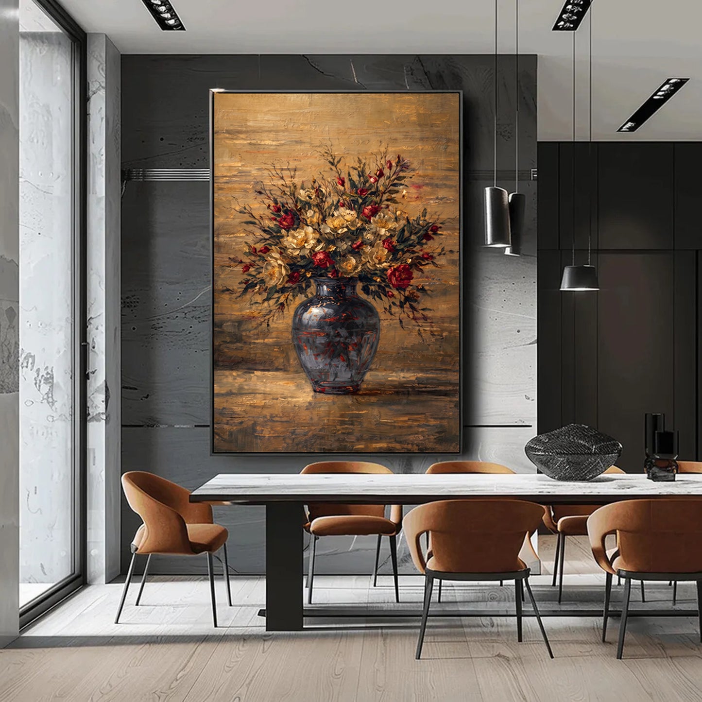 Moody Floral Painting Dark Vase Autumn Abstract Wall Art