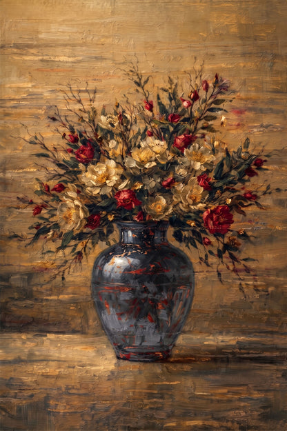 Moody Floral Painting Dark Vase Autumn Abstract Wall Art