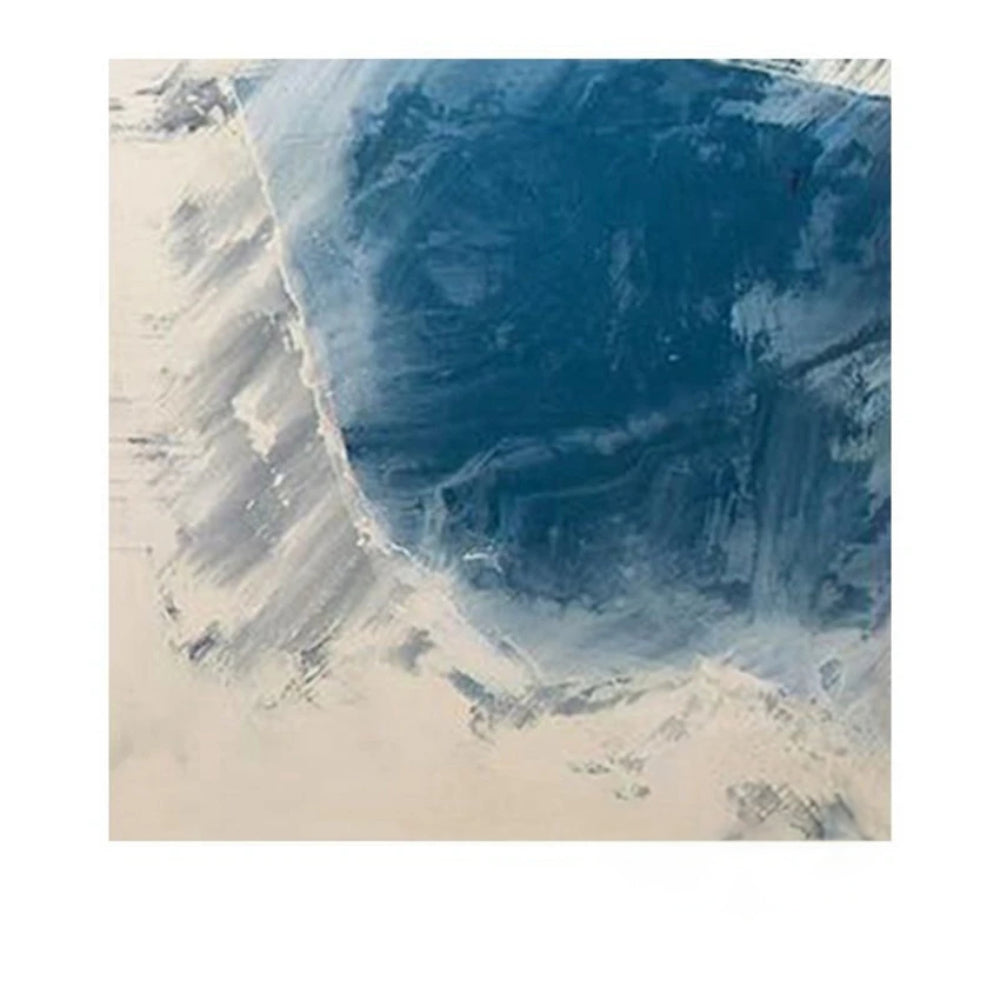 Rounded deep blue brushstroke with rough pale edges against an off-white square background.